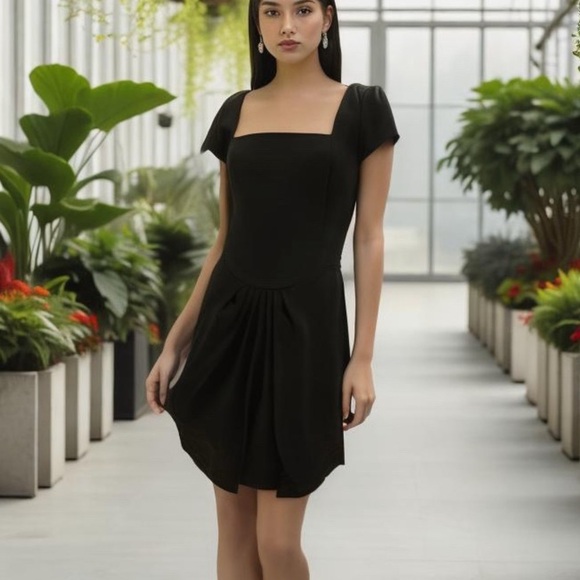 Gillian Dresses & Skirts - 70s SILK LITTLE BLACK DRESS FITTED BODYCON SHORT SLEEVES PLEATED FRONT DETAIL 4
